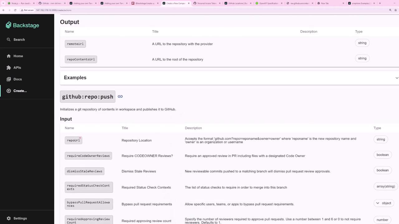 The image shows a Backstage interface with details about a GitHub repository push action, including input parameters and their descriptions.