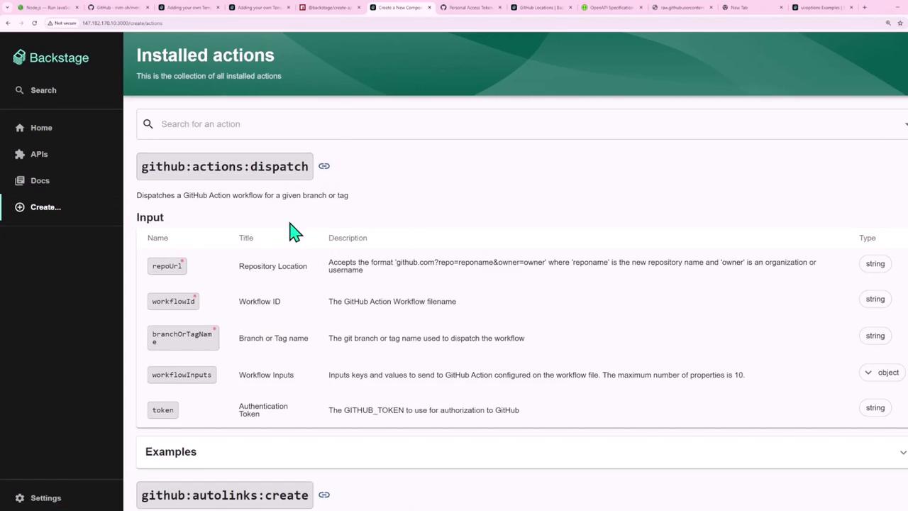 The image shows a user interface for "Backstage" with a section titled "Installed actions," specifically highlighting the "github:actions:dispatch" action, which allows dispatching a GitHub Action workflow for a given branch or tag. It includes input fields for repository location, workflow ID, branch or tag name, workflow inputs, and authentication token.