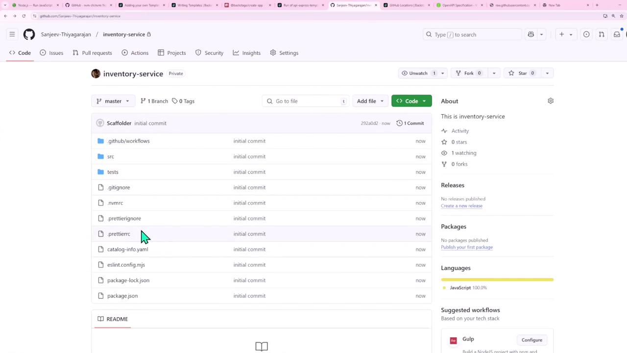 The image shows a GitHub repository page for a project named "inventory-service," displaying a list of files and folders with their initial commit status. The repository is private and written in JavaScript.