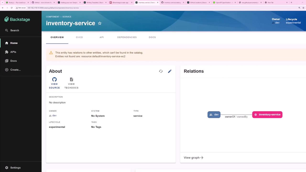 The image shows a dashboard interface for an "inventory-service" component in Backstage, displaying details like owner, lifecycle, and relations. It includes sections for overview, CI/CD, API, dependencies, and documentation.