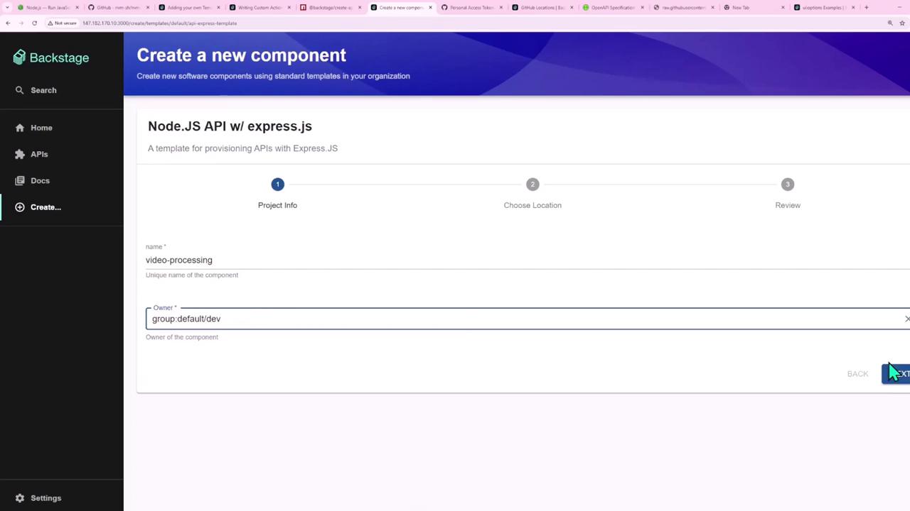 The image shows a web interface for creating a new component using a Node.js API with Express.js template. It includes fields for project information such as the component name and owner.