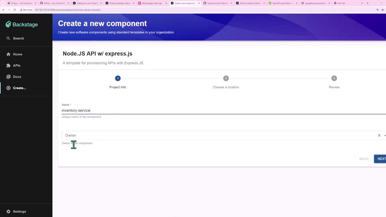 The image shows a web interface for creating a new software component using a Node.js API with Express.js template. It includes fields for entering project information such as the component name and owner.