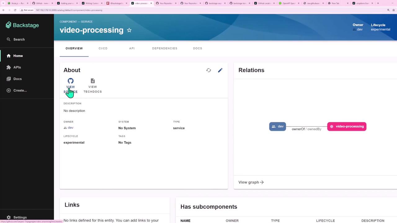 The image shows a dashboard interface for a "video-processing" service in Backstage, displaying details like owner, lifecycle, and relations. The sidebar includes options for Home, APIs, Docs, and Create.