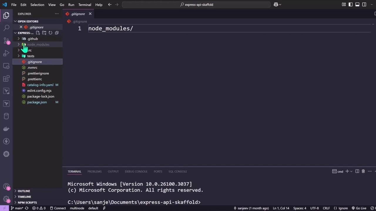 The image shows a Visual Studio Code interface with a file explorer open on the left, displaying various project files, and a `.gitignore` file open in the editor. The terminal at the bottom shows a Windows command prompt.