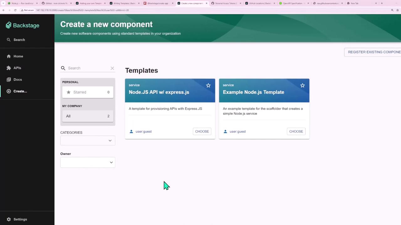 The image shows a web interface for creating new software components using templates, specifically featuring options for Node.js API with Express.js and an example Node.js template. The interface includes a sidebar with navigation options and a search bar.