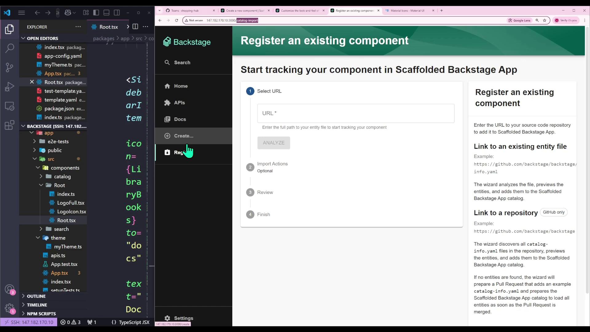 The image shows a split screen with a code editor on the left displaying a project structure and code, and a web interface on the right for registering an existing component in a Backstage app.
