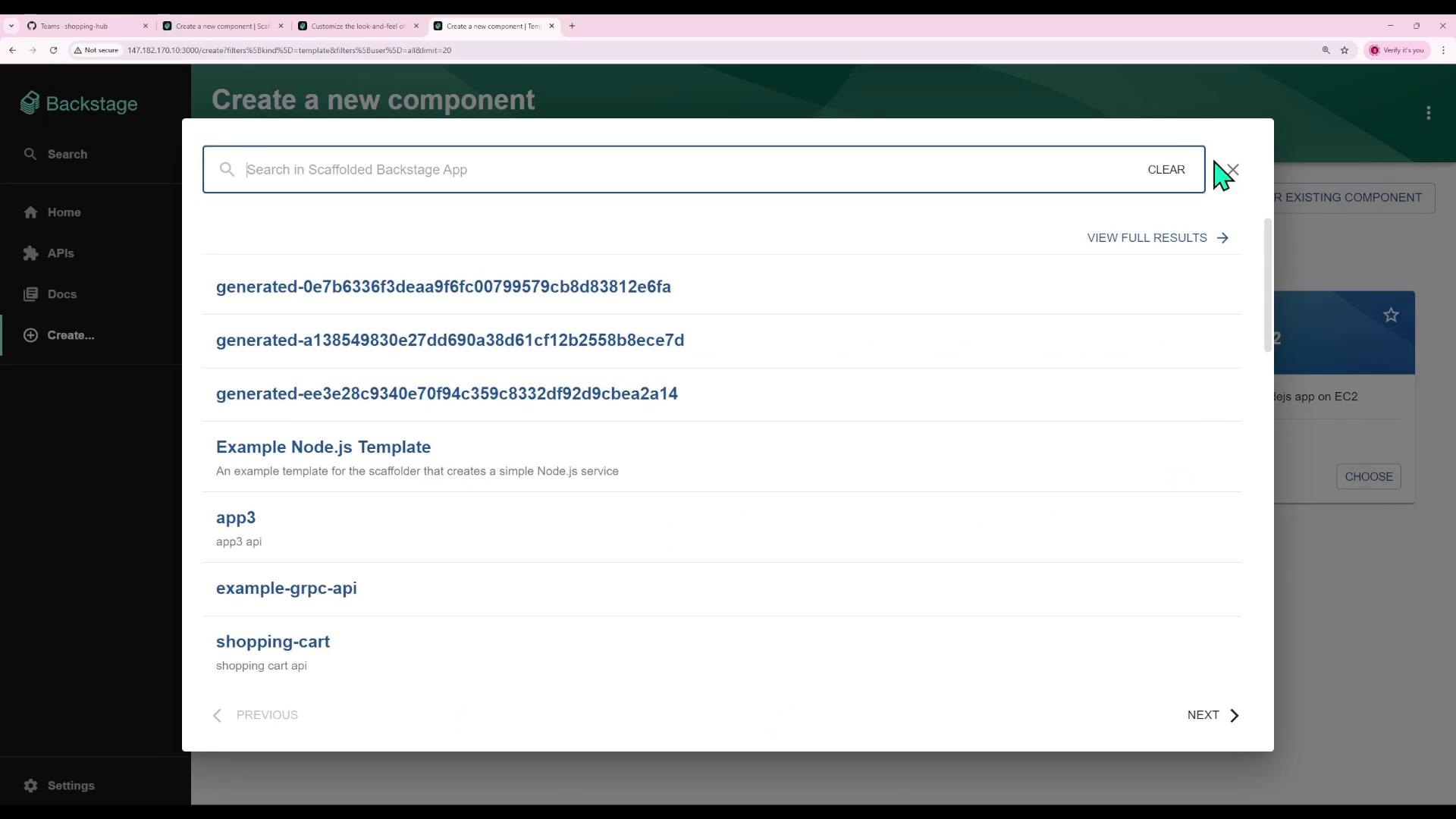 The image shows a "Create a new component" interface in Backstage, displaying a list of scaffolded app templates and components.
