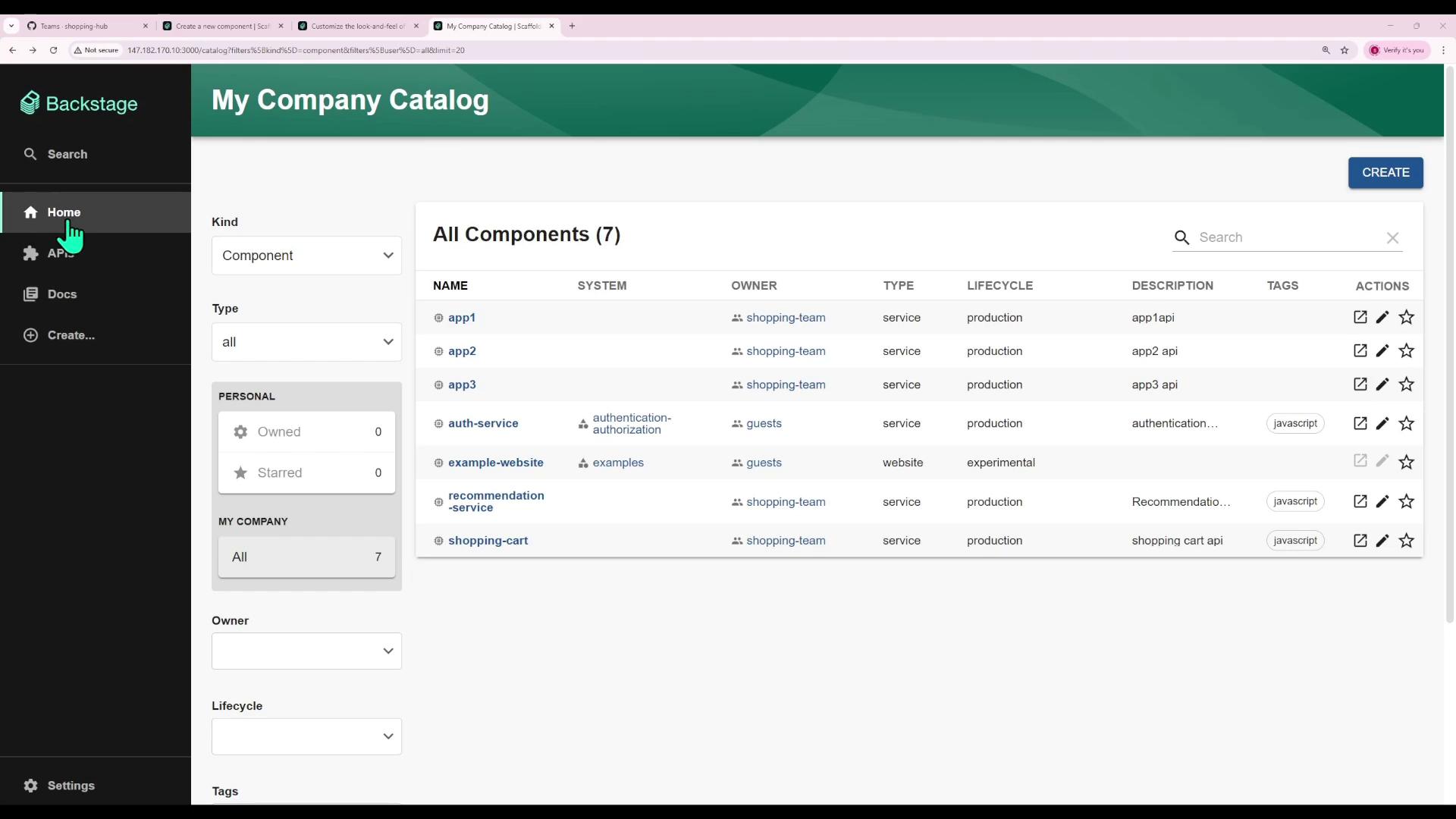 The image shows a dashboard from "My Company Catalog" in Backstage, listing various components with details like name, system, owner, type, lifecycle, and actions.