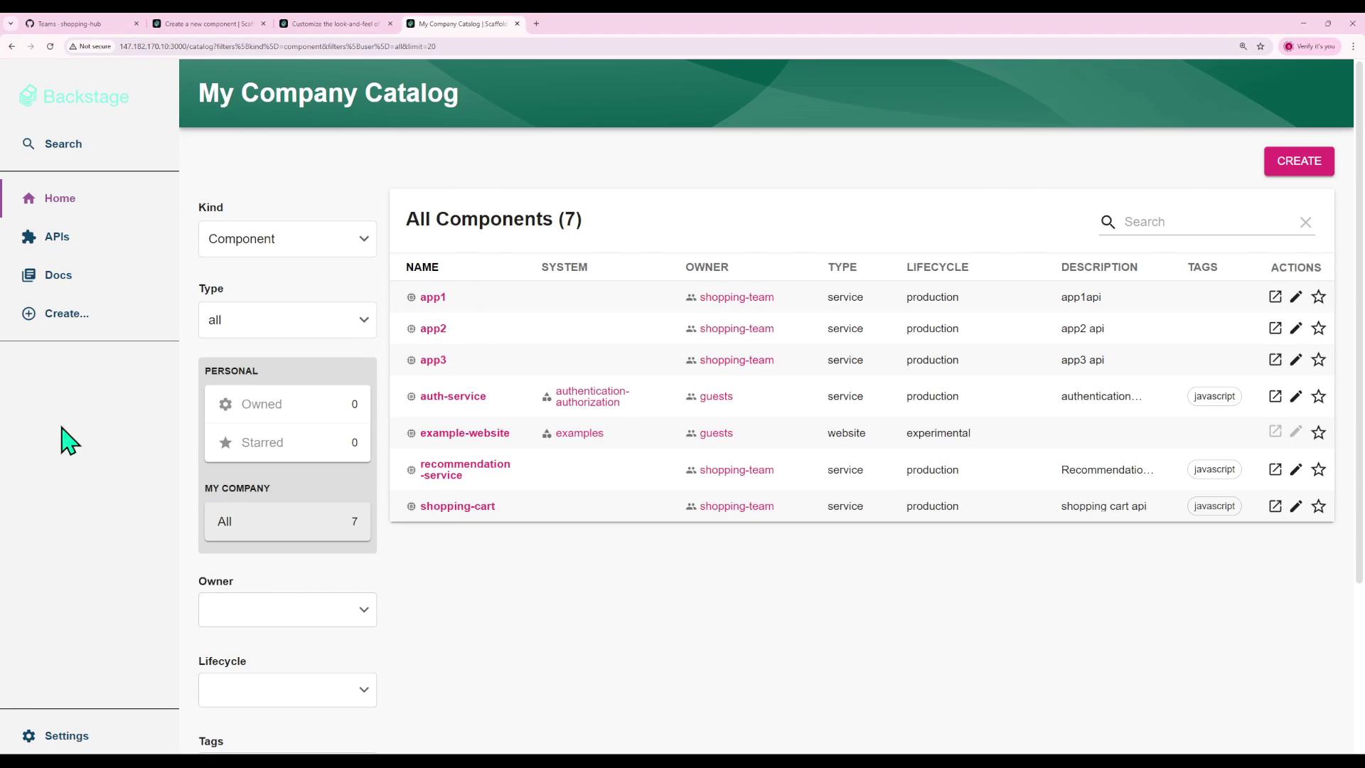 The image shows a web interface titled "My Company Catalog" displaying a list of components with details such as name, system, owner, type, lifecycle, description, and tags. There are options for filtering and creating new components.