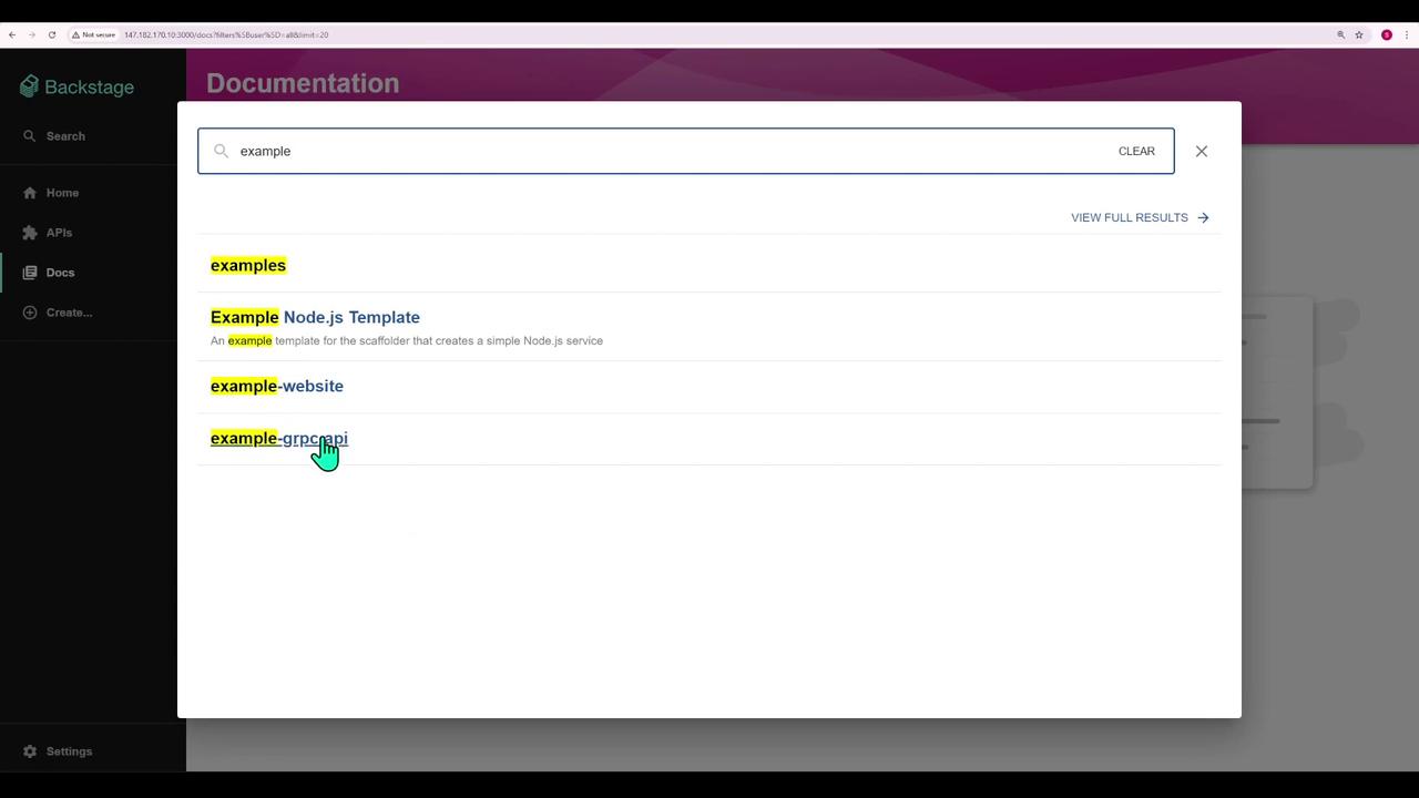 The image shows a documentation search interface on a platform called Backstage, with search results for the term "example" including options like "Example Node.js Template" and "example-website."