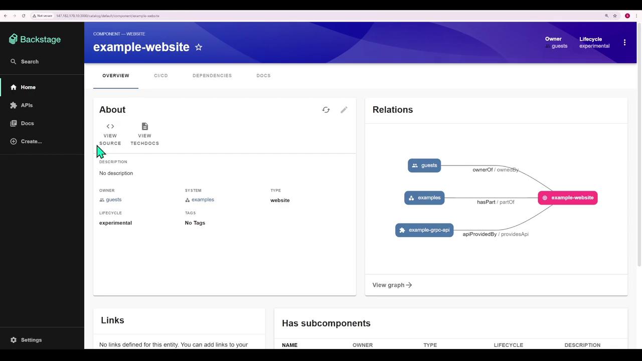 The image shows a dashboard interface for a component named "example-website" in Backstage, displaying details like description, owner, lifecycle, and relations in a graph format.