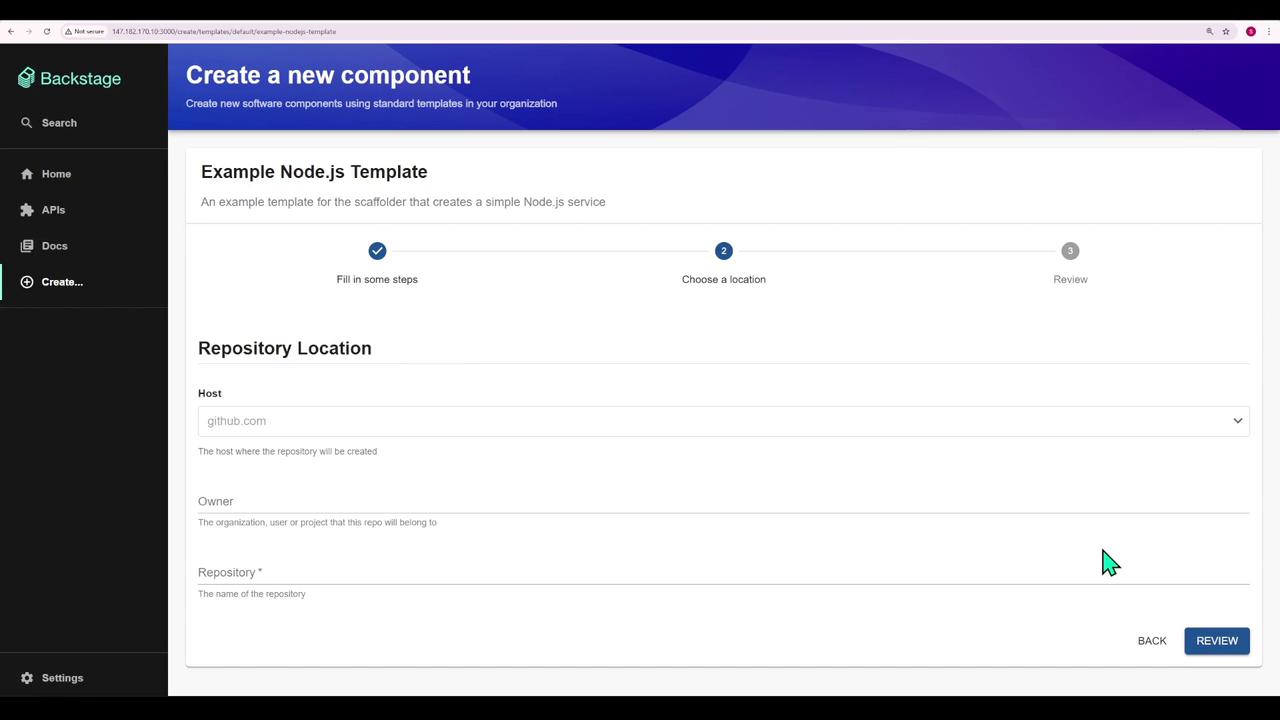 The image shows a web interface for creating a new component using an "Example Node.js Template" in Backstage, with fields for specifying the repository location on GitHub.