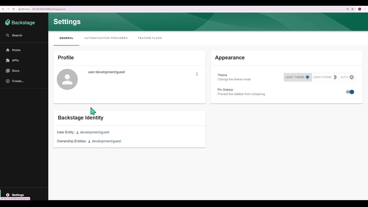 The image shows a settings page from a software interface called "Backstage," featuring options for profile management, backstage identity, and appearance settings, including theme selection.