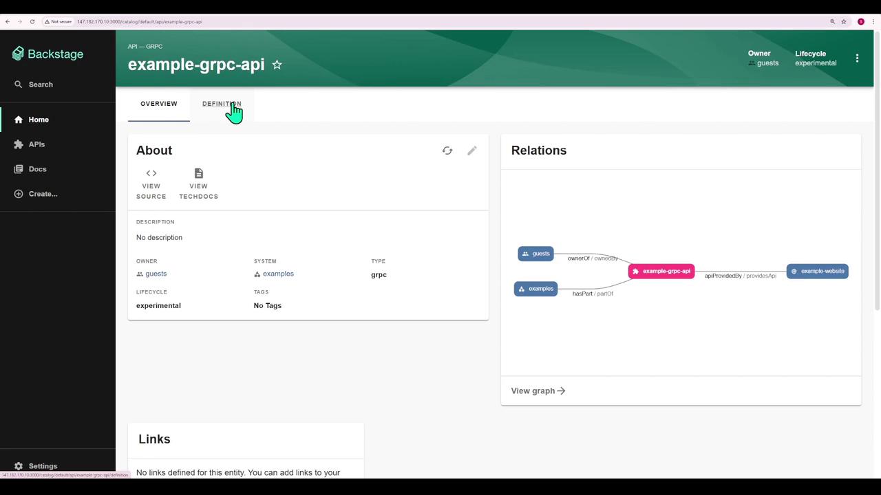 The image shows a dashboard interface for an API named "example-grpc-api" in Backstage, displaying an overview, relations graph, and details about the API's owner, system, and lifecycle.