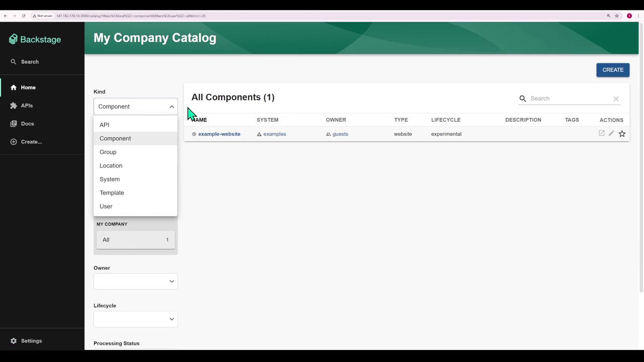 The image shows a software interface titled "My Company Catalog" with a list of components, including an "example-website." A dropdown menu is open, displaying options like API, Component, and Group.