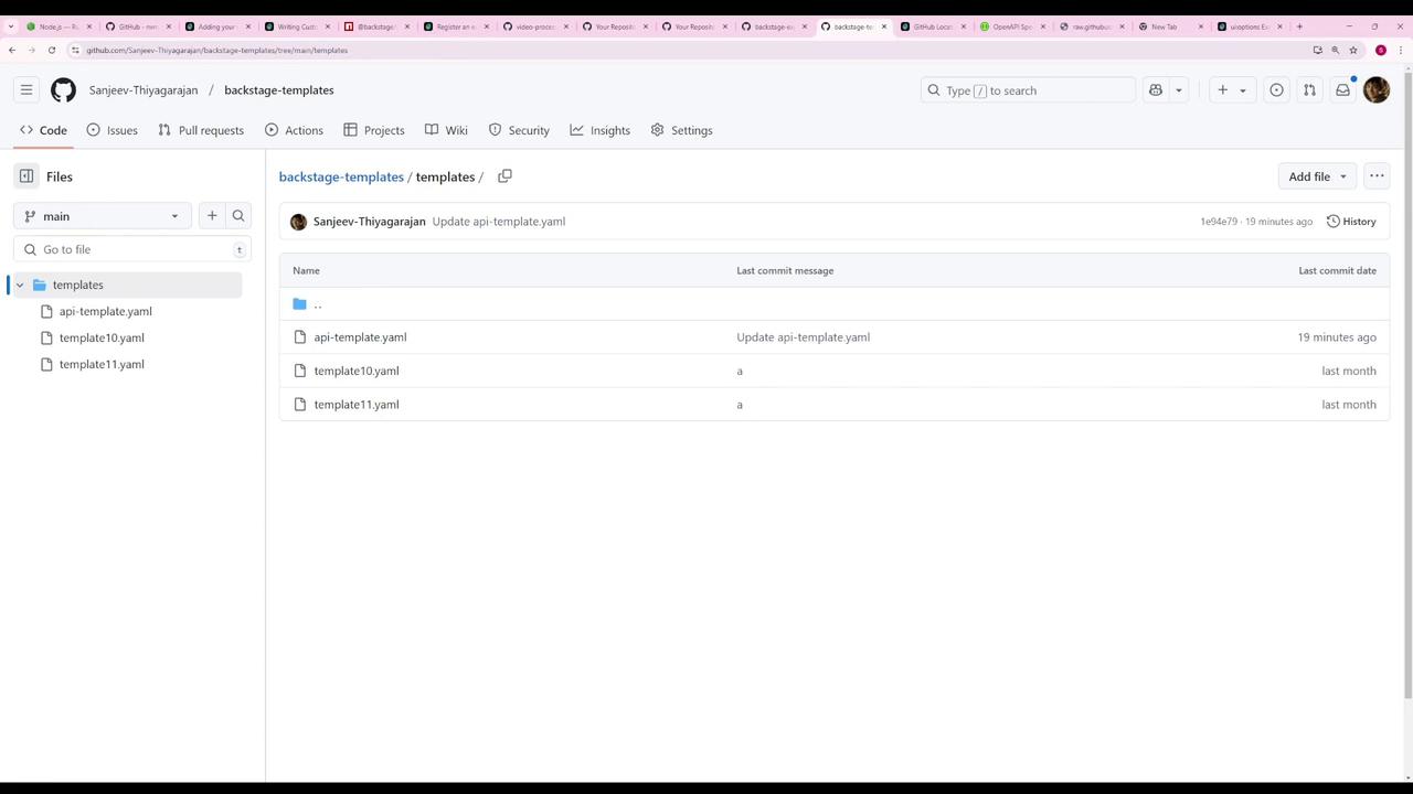 The image shows a GitHub repository page with a folder named "templates" containing three YAML files. The files are listed with their last commit messages and dates.