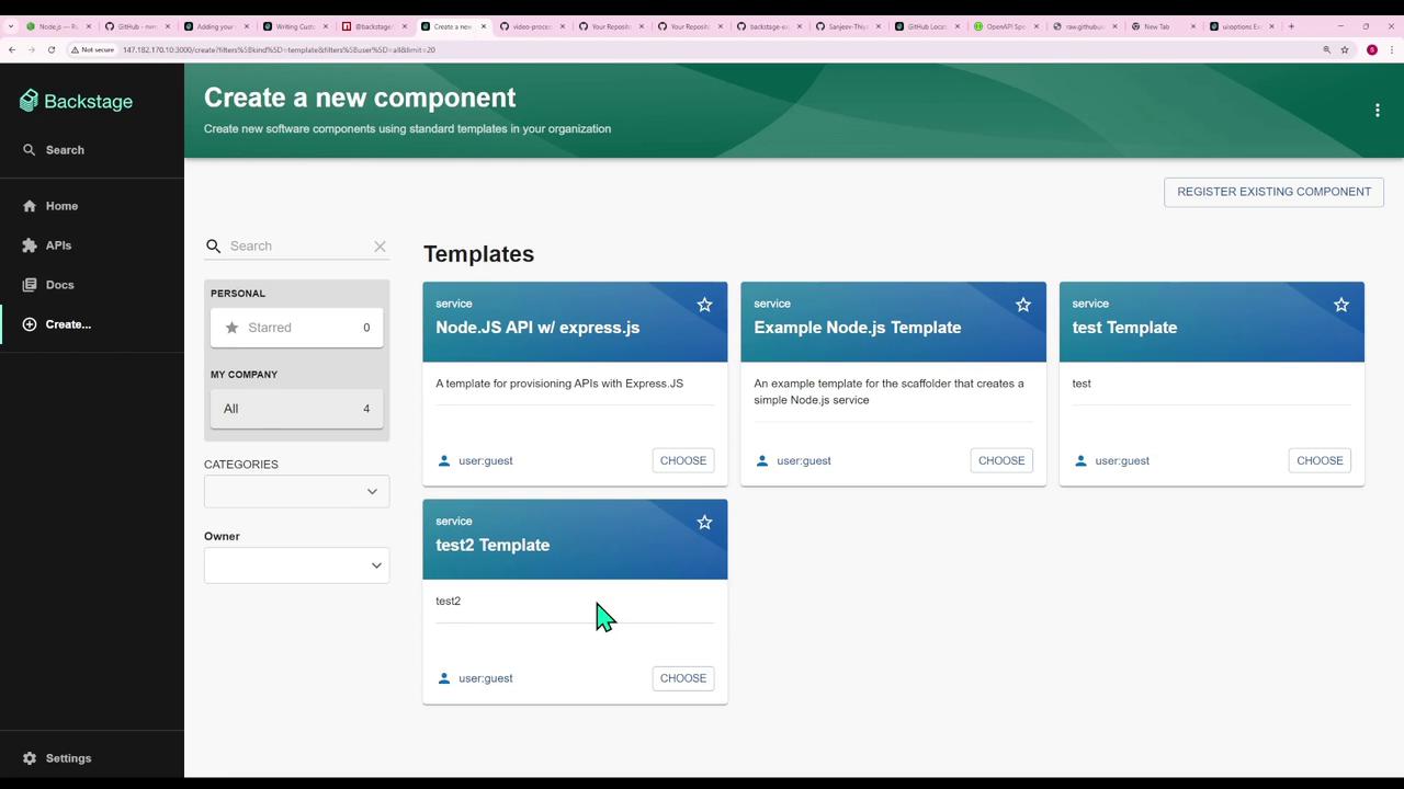 The image shows a web interface for creating new software components using templates, with options for Node.js API and other templates. The sidebar includes navigation options like Home, APIs, Docs, and Create.