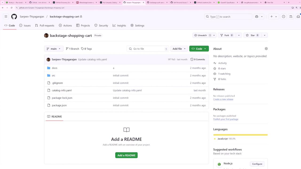 The image shows a GitHub repository page named "backstage-shopping-cart," which is private and contains several files and folders. The repository is primarily written in JavaScript and lacks a README file.