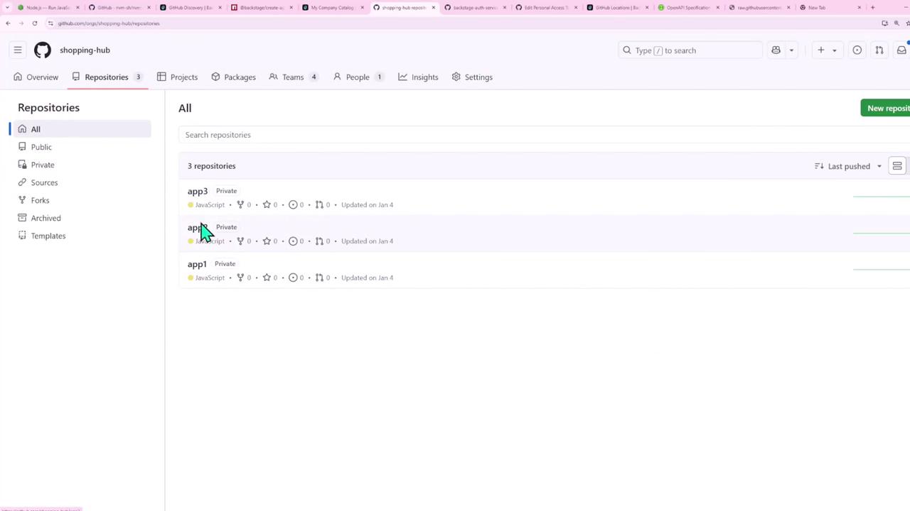 The image shows a GitHub repository page with three private repositories listed, all updated on January 4th. The repositories are named app3, app2, and app1, and are written in JavaScript.