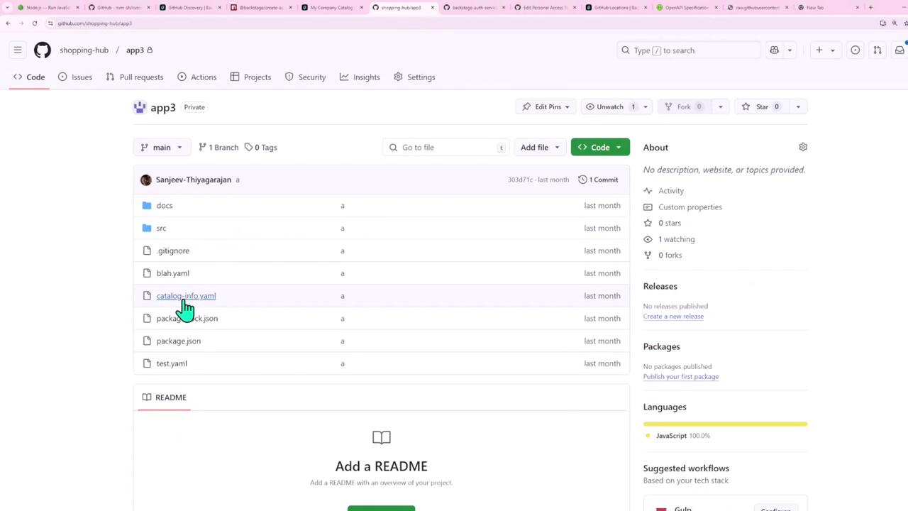 The image shows a GitHub repository page for a project named "app3," displaying a list of files and folders, including YAML and JSON files. The repository is private, with no stars or forks, and the main programming language used is JavaScript.