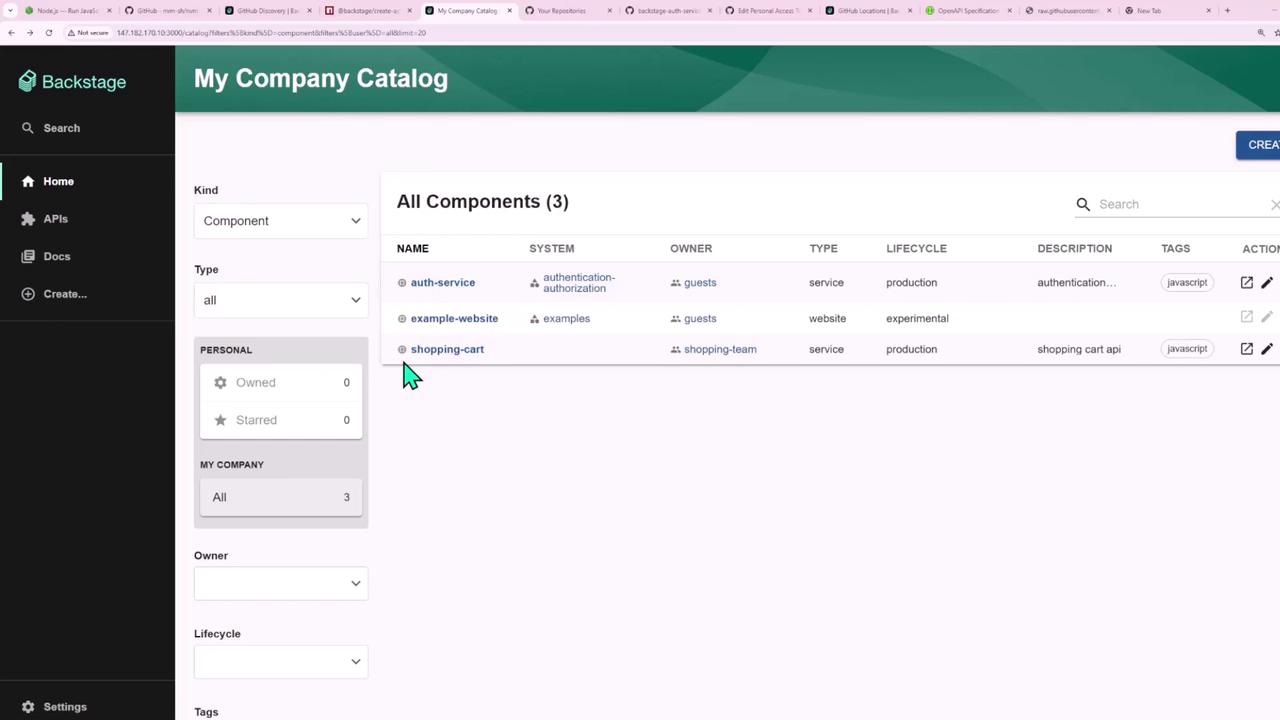The image shows a dashboard from "My Company Catalog" in Backstage, listing three components: "auth-service," "example-website," and "shopping-cart," with details like system, owner, type, lifecycle, and tags.