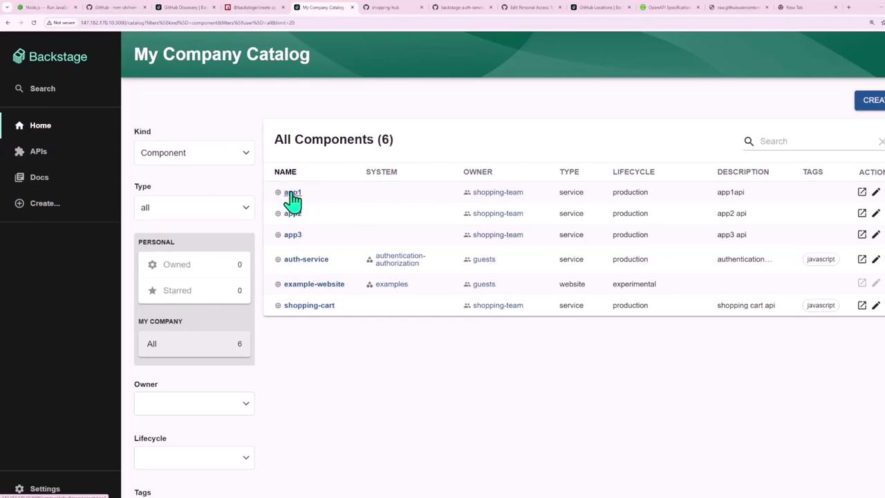 The image shows a dashboard from "My Company Catalog" in Backstage, listing various components with details like name, system, owner, type, lifecycle, description, and tags.