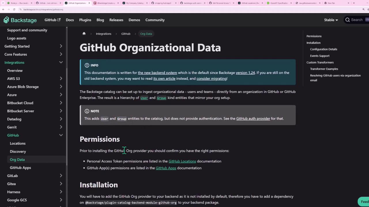 The image shows a webpage from Backstage documentation about integrating GitHub organizational data, including sections on permissions and installation. The interface includes a sidebar with navigation links and a dark theme.