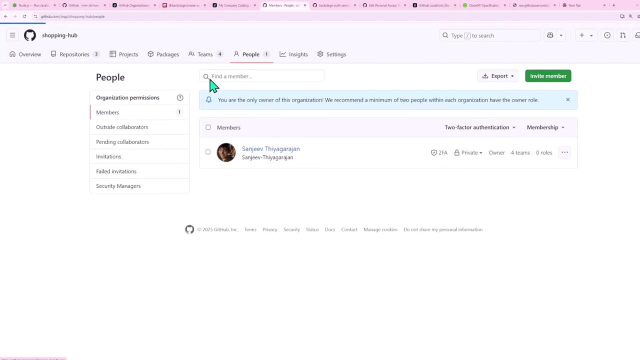 The image shows a GitHub organization page titled "shopping-hub" under the "People" tab, displaying a single member with owner permissions. A notification suggests having at least two people with the owner role.