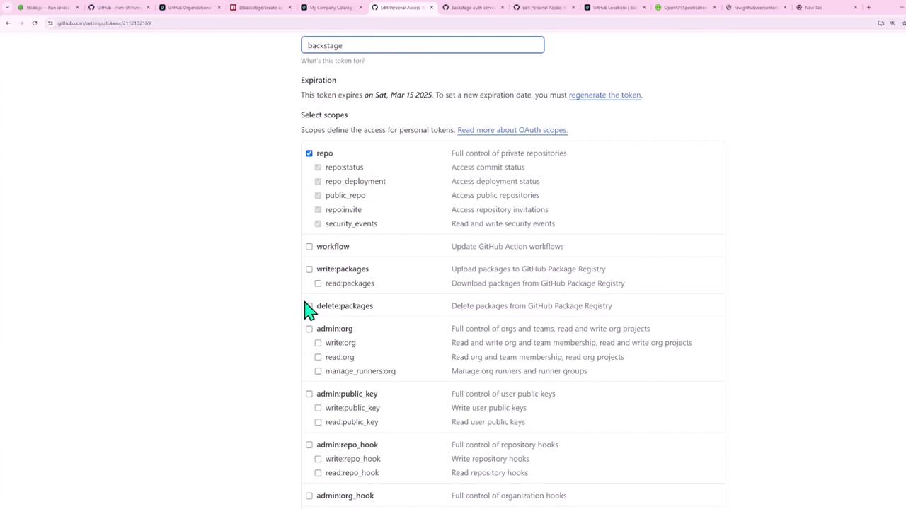 The image shows a GitHub settings page for editing personal access tokens, with various scopes like "repo" and "workflow" available for selection. A cursor is pointing at the "delete:packages" option.