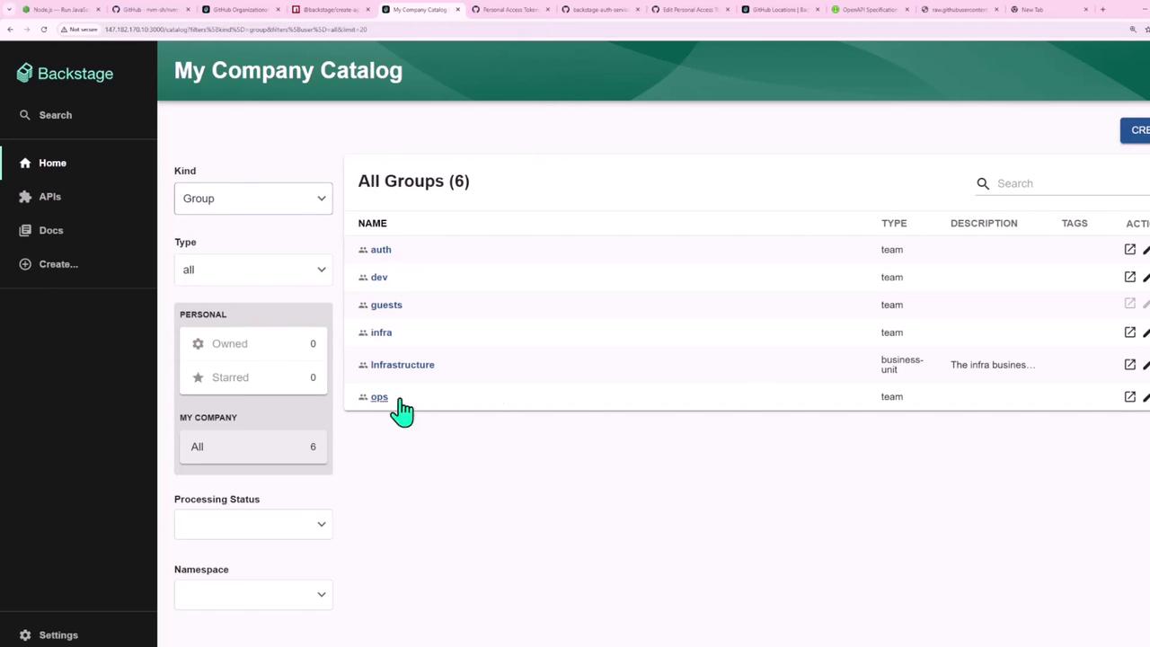 The image shows a dashboard from "My Company Catalog" on Backstage, displaying a list of groups with names, types, and actions available for each group.