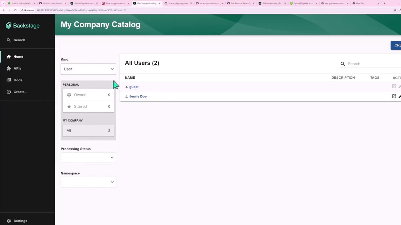 The image shows a user interface of a "My Company Catalog" with a list of users, including "guest" and "Jenny Doe," and options for filtering and managing the catalog.