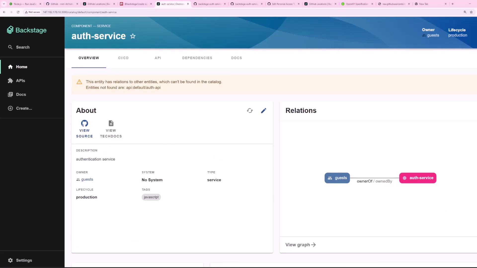The image shows a Backstage interface for an "auth-service" component, detailing its overview, description, and relations, including a graph showing ownership by "guests."