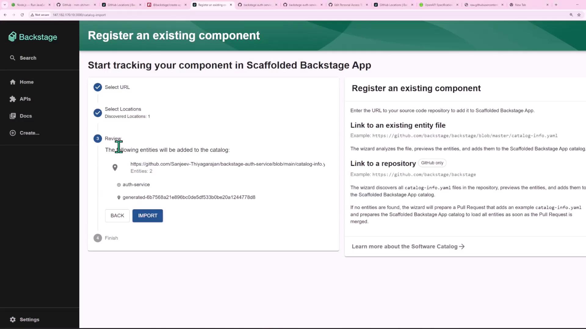 The image shows a web interface for registering an existing component in a Backstage app, with options to review and import entities from a GitHub repository. The left sidebar includes navigation options like Home, APIs, Docs, and Create.