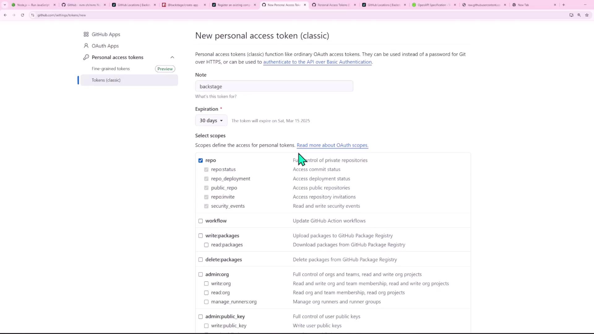 The image shows a GitHub page for creating a new personal access token, with options to set a note, expiration, and select scopes for the token. Various permissions like "repo" and "workflow" are visible for selection.