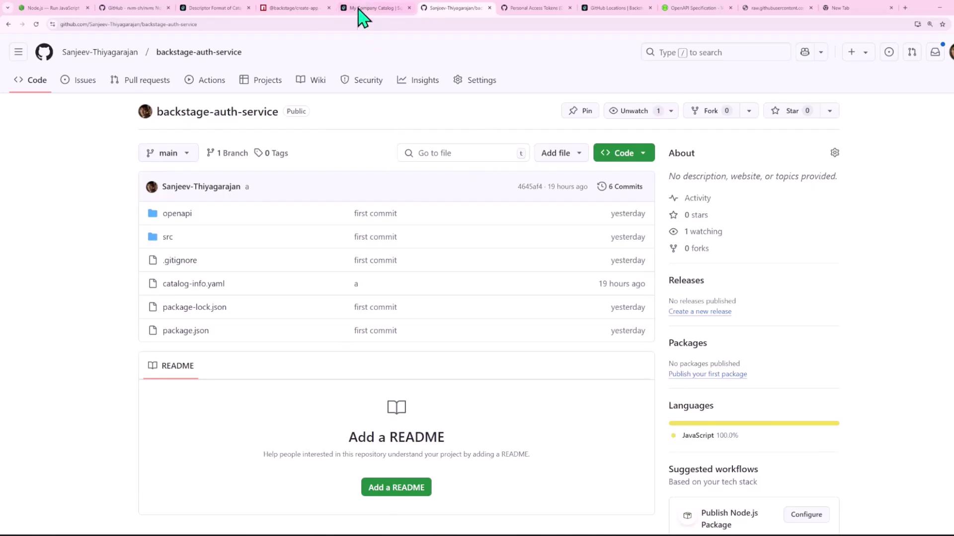 This image shows a GitHub repository page named "backstage-auth-service" with files and folders like "openapi" and "src" listed. The repository is public, with no description or README file added.