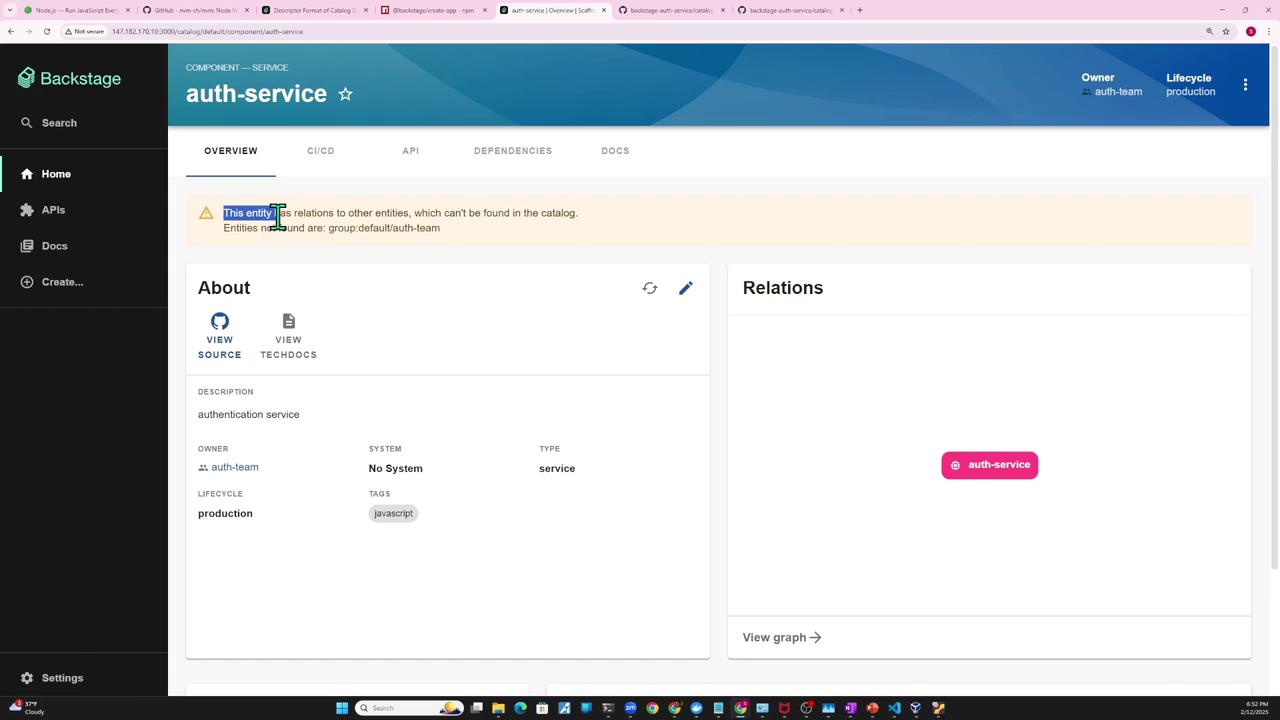 The image shows a web interface for a service called "auth-service" in Backstage, displaying details like description, owner, system, and type, along with a warning about missing entity relations.