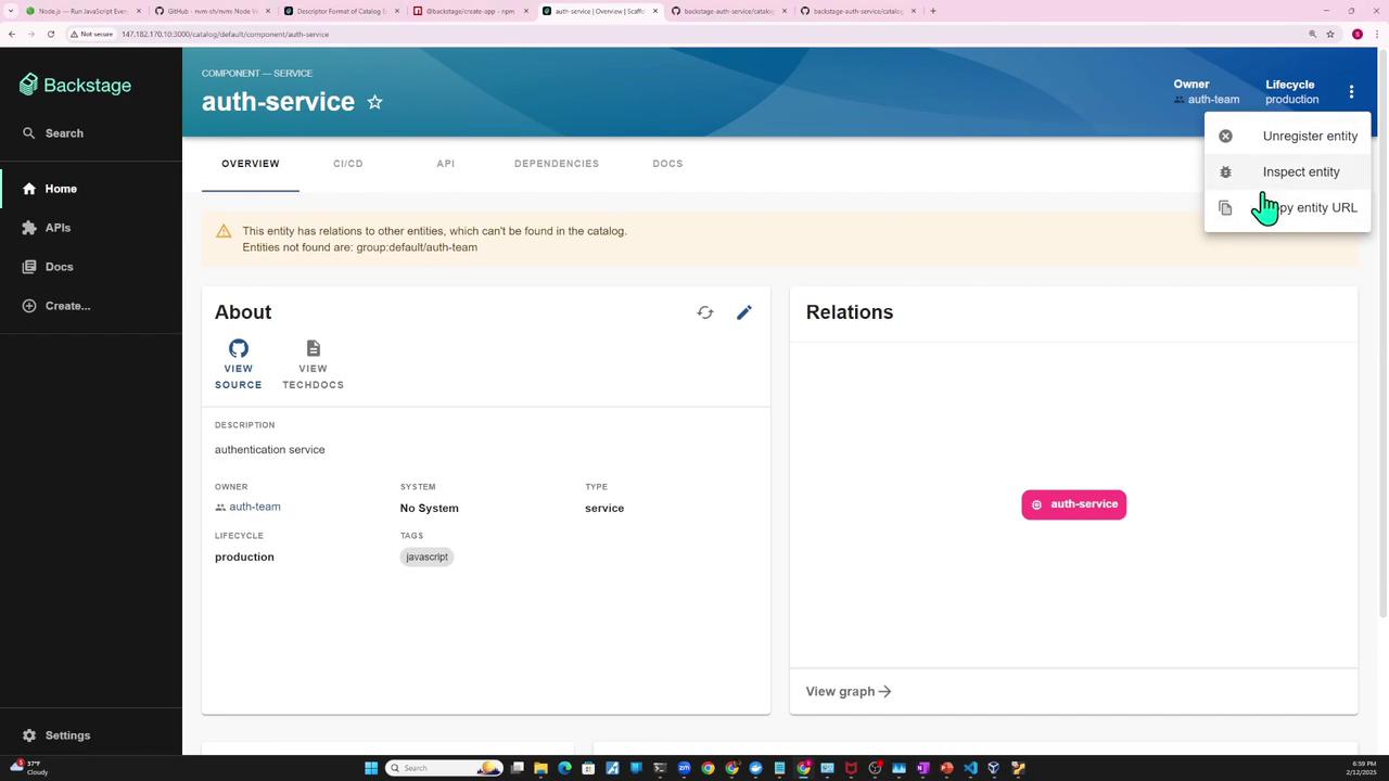 The image shows a web interface for a service called "auth-service" in Backstage, displaying details like description, owner, and lifecycle, with options to inspect or unregister the entity.