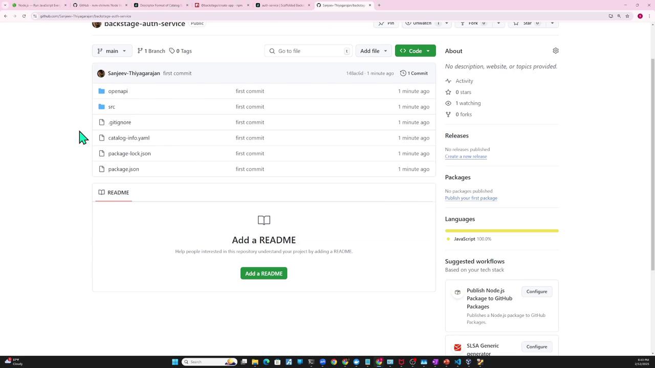 The image shows a GitHub repository page with a list of files and folders, including "openapi," "src," and configuration files. The repository is titled "backstage-auth-service" and is written in JavaScript.