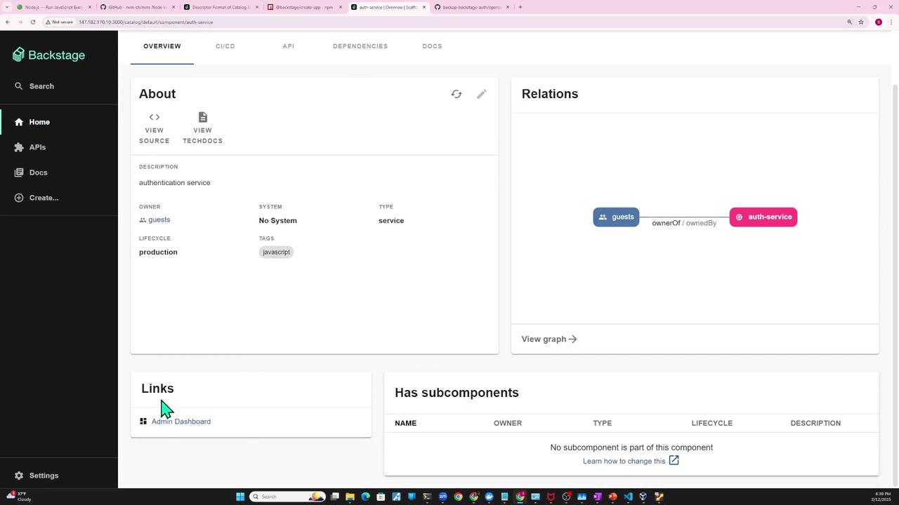 The image shows a dashboard interface of a software tool called Backstage, displaying details about an authentication service, including its description, owner, system, and lifecycle. It also features a relations graph and links to additional resources.