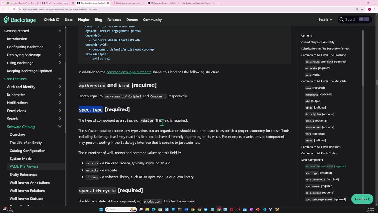 The image shows a webpage from Backstage documentation, specifically detailing the YAML file format for software catalog configuration. It includes sections on `apiVersion`, `kind`, and `spec.type` with descriptions and requirements.