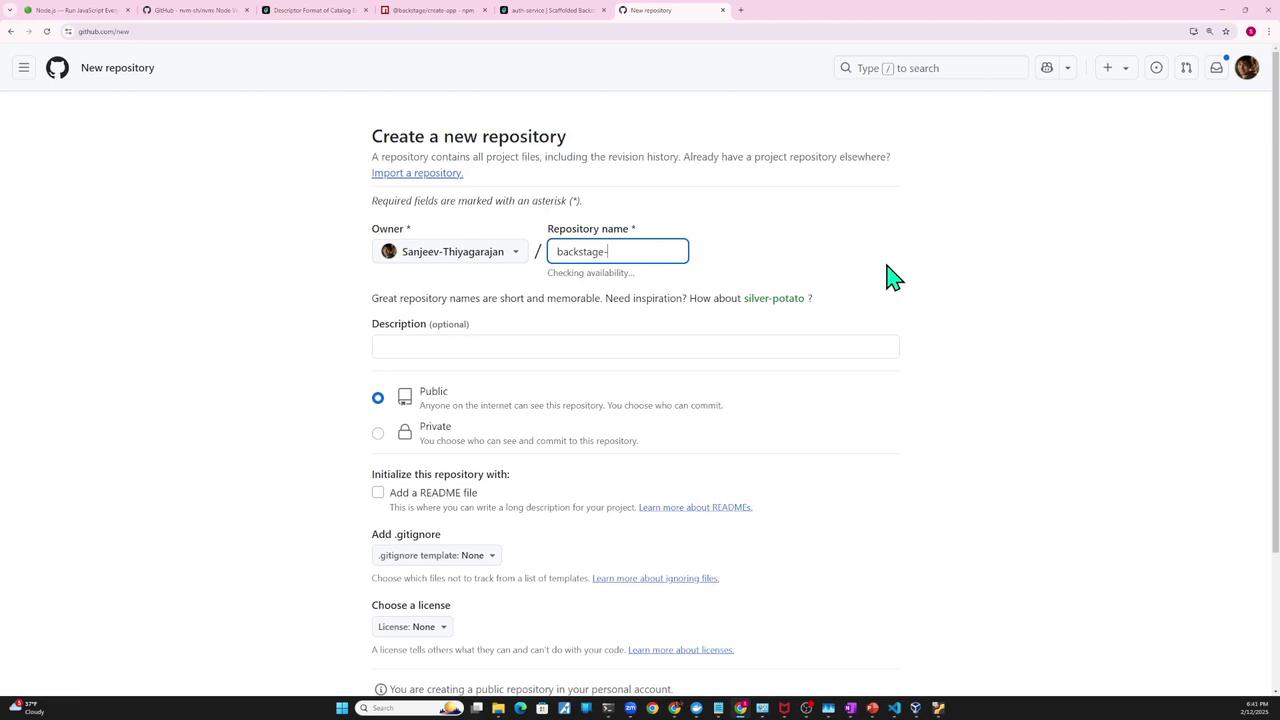 The image shows a GitHub page for creating a new repository, with fields for the repository name, description, and settings for visibility and initialization options.