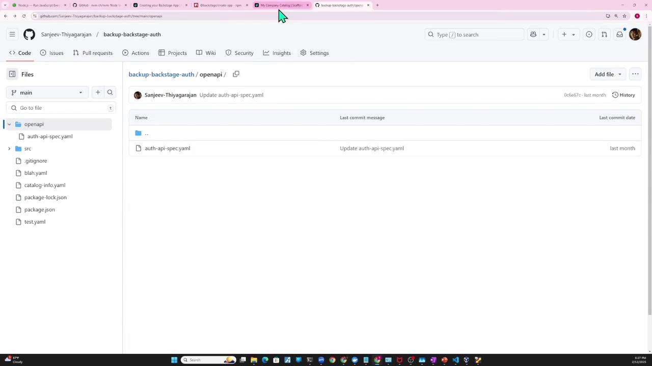 The image shows a GitHub repository page with a file directory view, displaying folders and files such as "auth-api-spec.yaml" and "package.json." The repository is named "backup-backstage-auth."