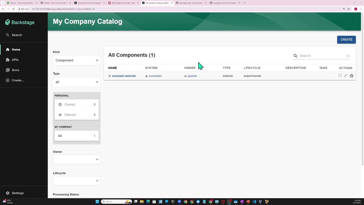 The image shows a web interface of a "My Company Catalog" in Backstage, displaying a list of components with details like name, system, owner, type, and lifecycle. There is one component listed named "example-website."