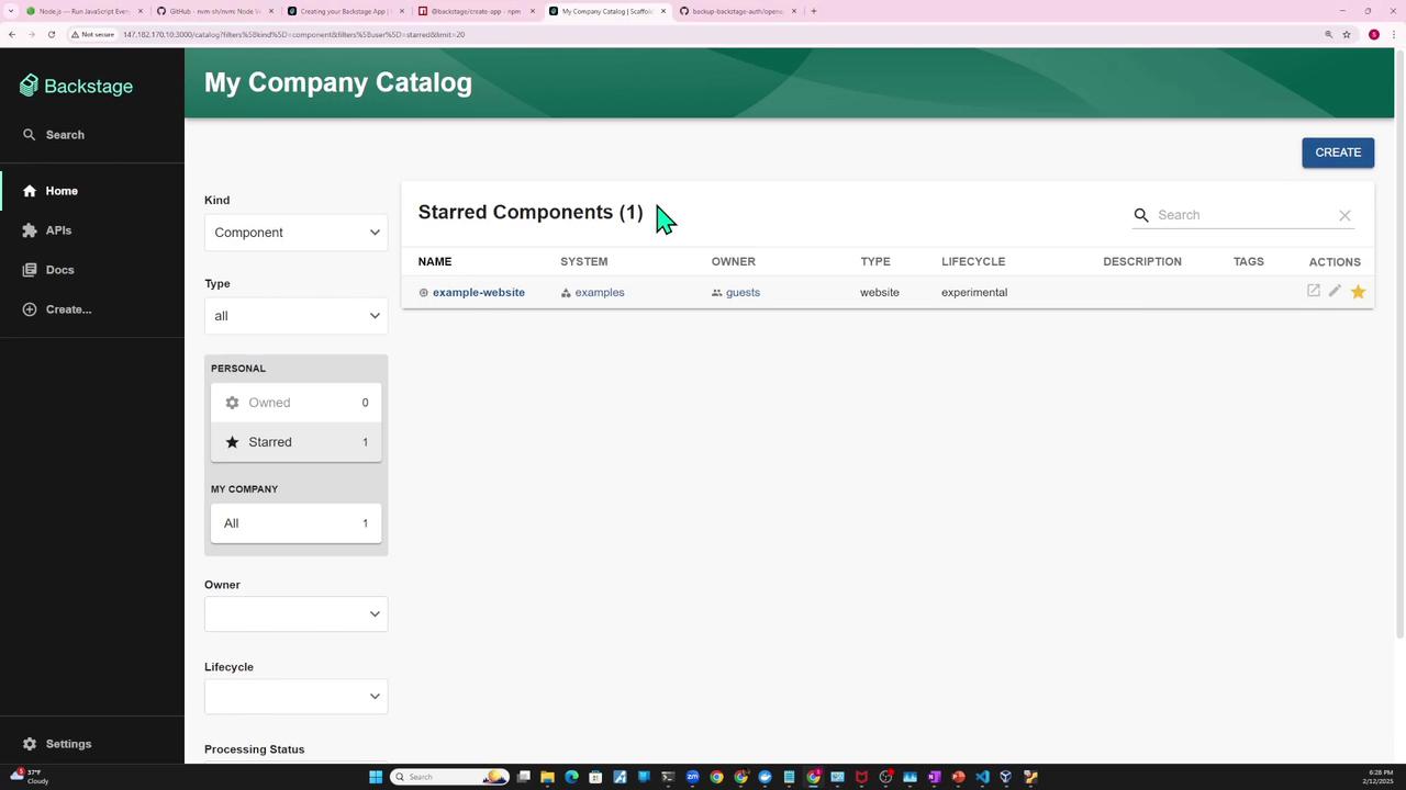 The image shows a dashboard interface of "My Company Catalog" in Backstage, displaying a starred component named "example-website" with details like system, owner, type, and lifecycle. The sidebar includes options for Home, APIs, Docs, and Create.