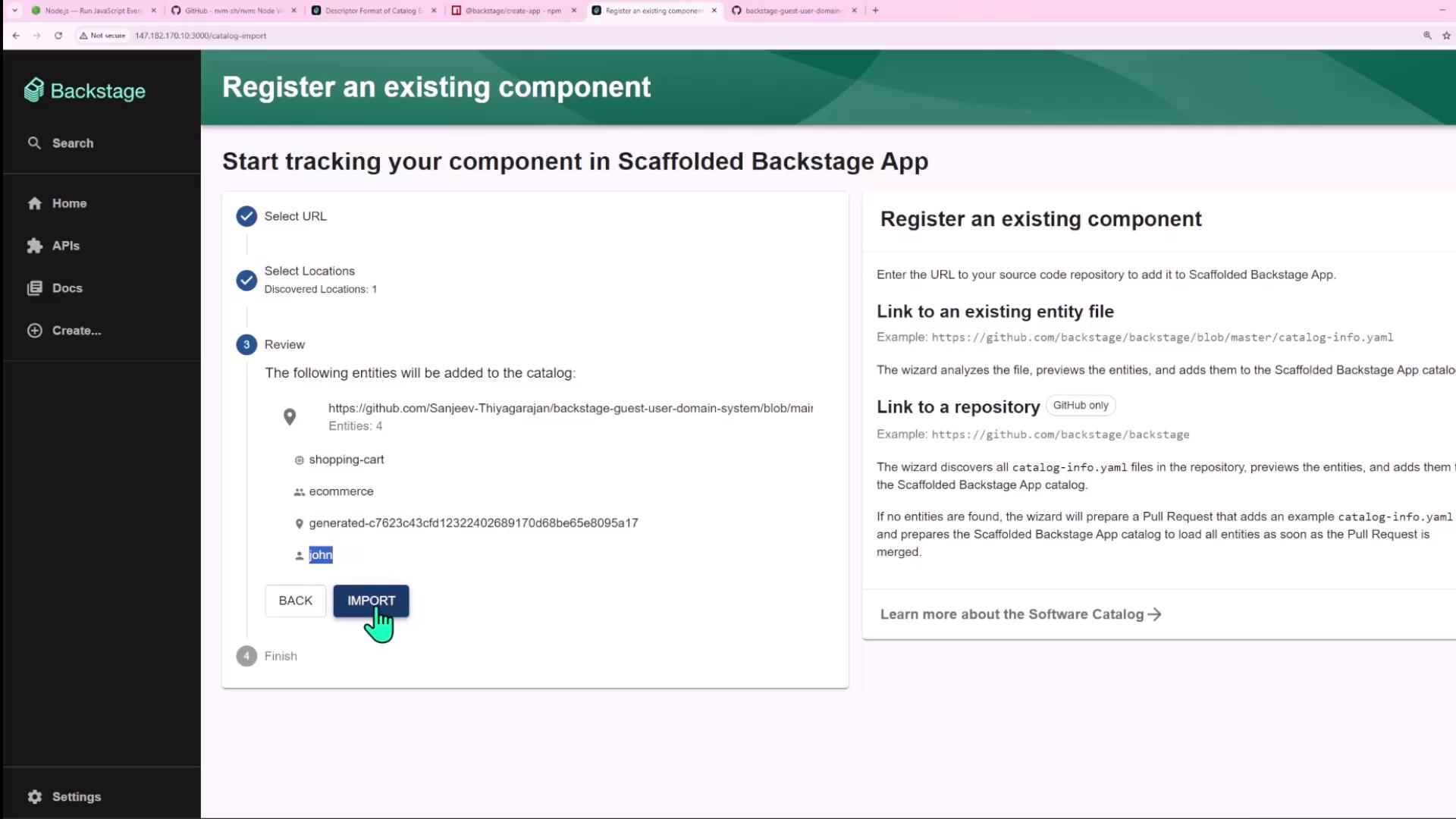The image shows a webpage from the Backstage app, where a user is in the process of registering an existing component by importing entities from a GitHub repository.
