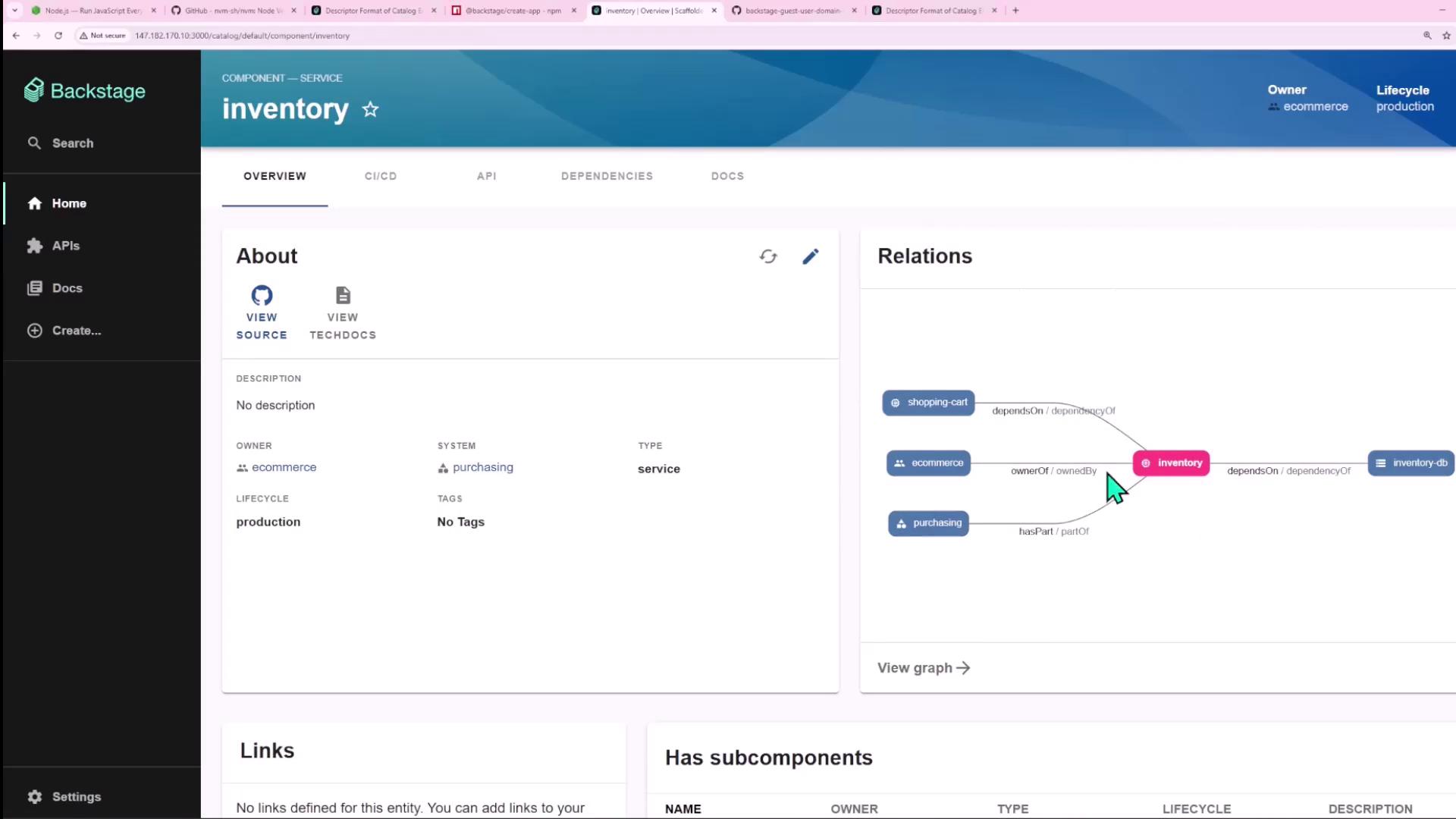 The image shows a dashboard interface from Backstage, displaying an overview of an "inventory" component with details like owner, system, and lifecycle, alongside a relations graph illustrating dependencies and ownership.