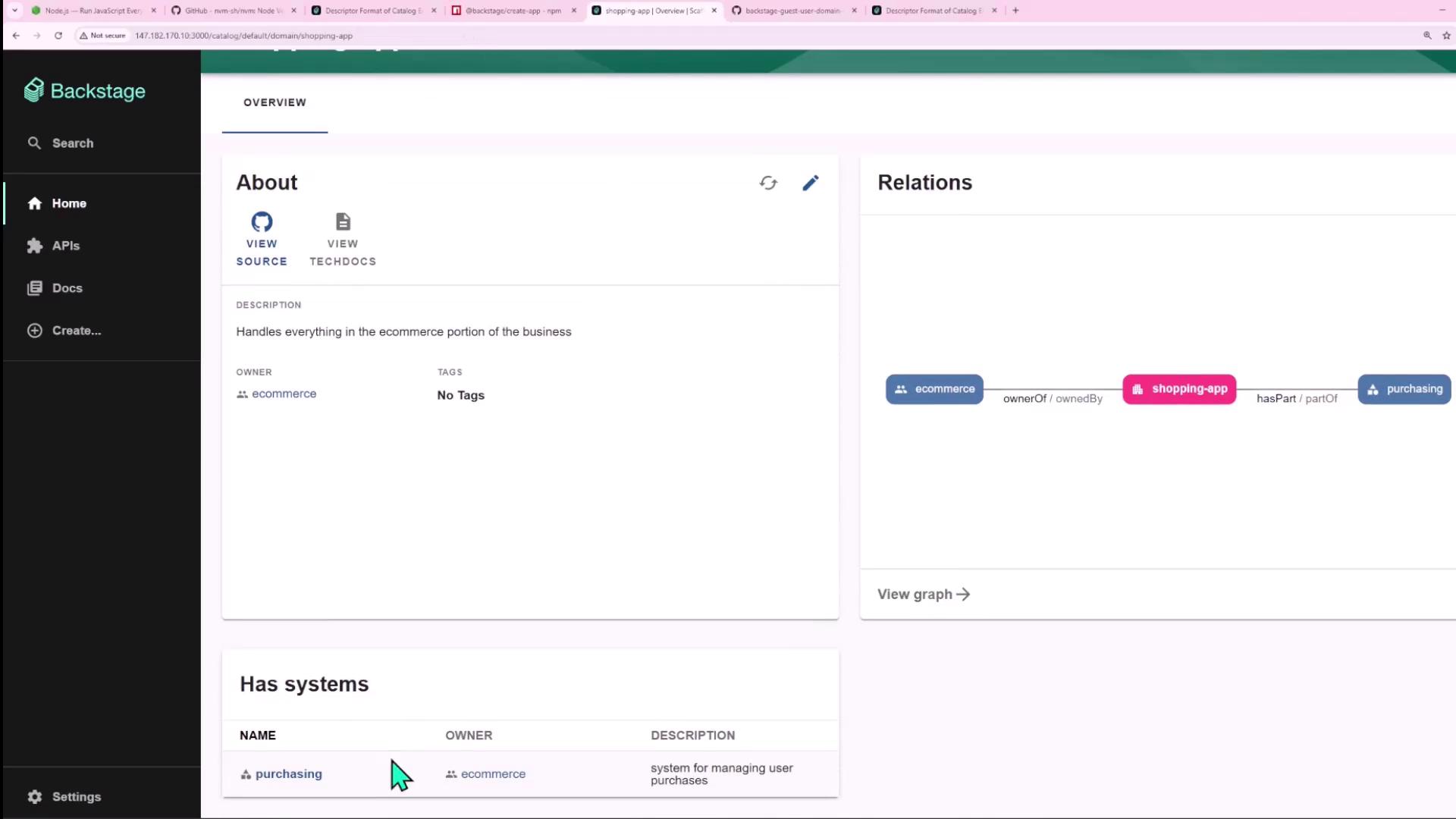 The image shows a Backstage interface with an overview of a shopping app, including its description, owner, and related systems. A relationship graph on the right illustrates connections between "ecommerce," "shopping-app," and "purchasing."