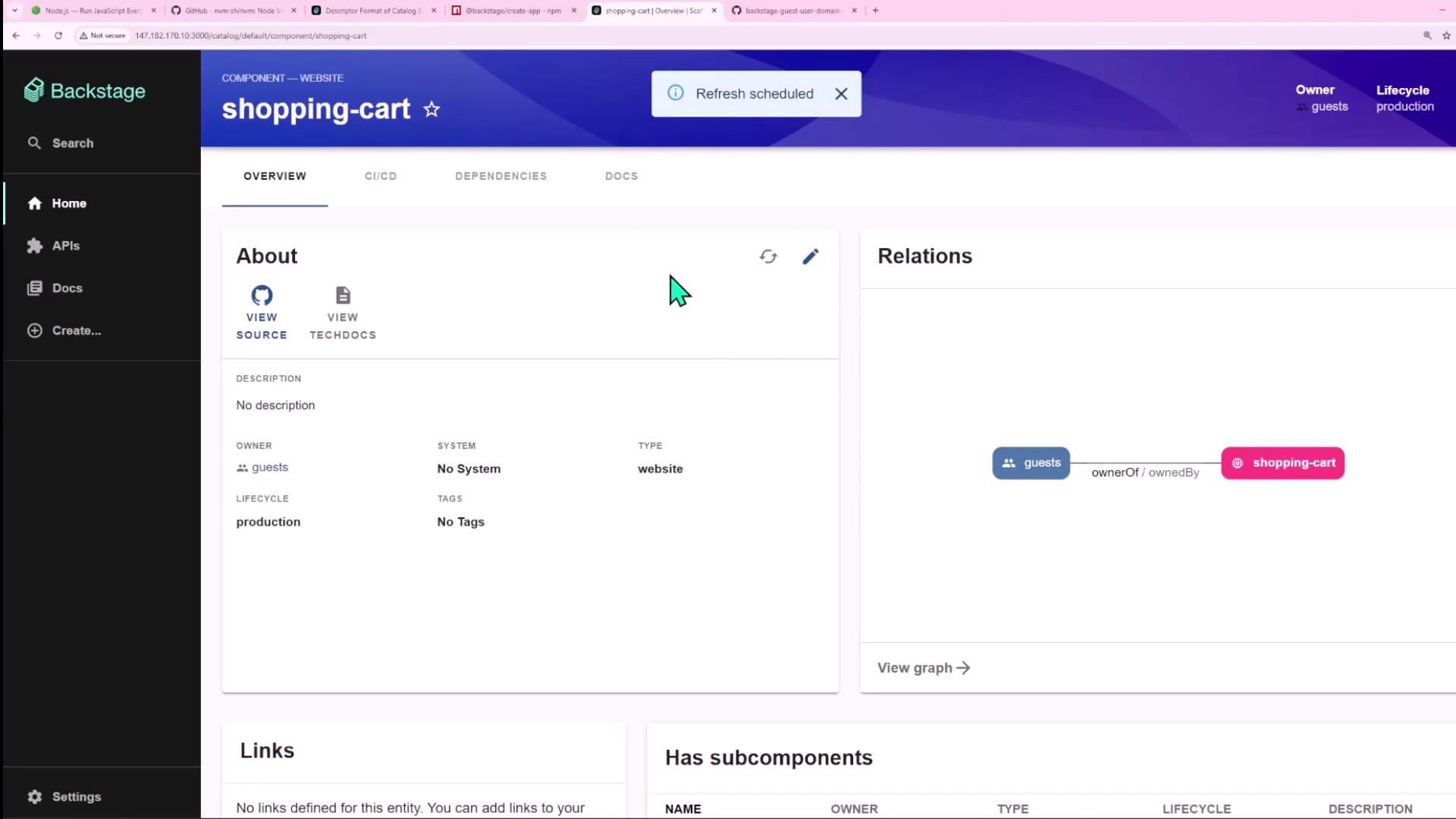 The image shows a dashboard interface for a component named "shopping-cart" in a system called Backstage. It includes details like owner, lifecycle, and relations, with a graph showing the relationship between "guests" and "shopping-cart."