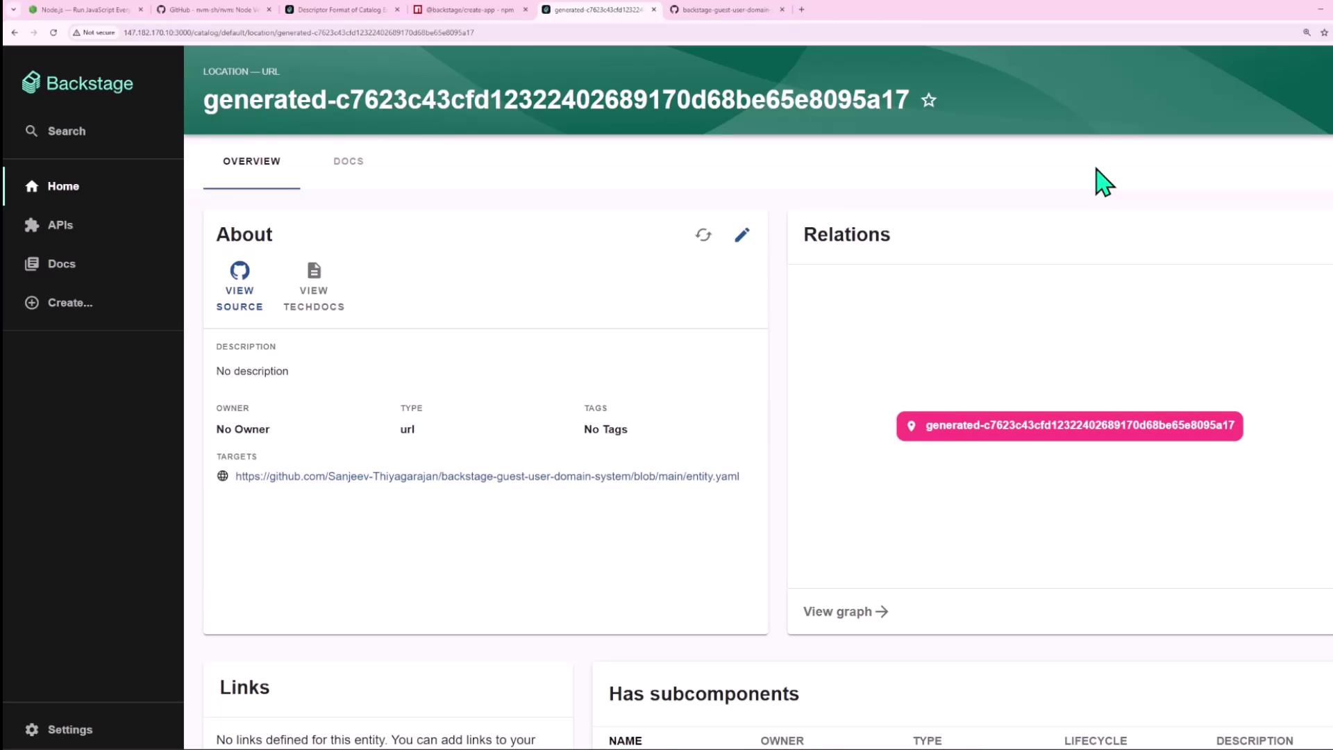 The image shows a screenshot of a web application interface, specifically a page from Backstage, displaying details about a URL entity with no description or owner. It includes sections for viewing source, tech docs, and related links.