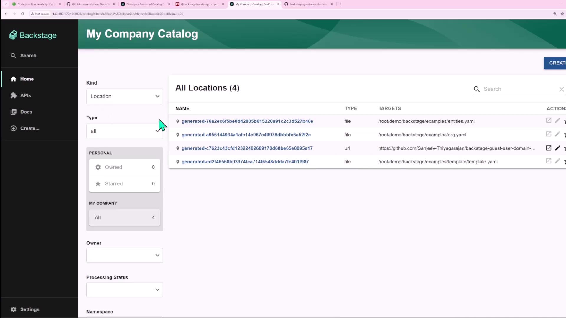 The image shows a dashboard from "My Company Catalog" in Backstage, displaying a list of locations with details such as name, type, and targets. The interface includes options for filtering and managing these locations.